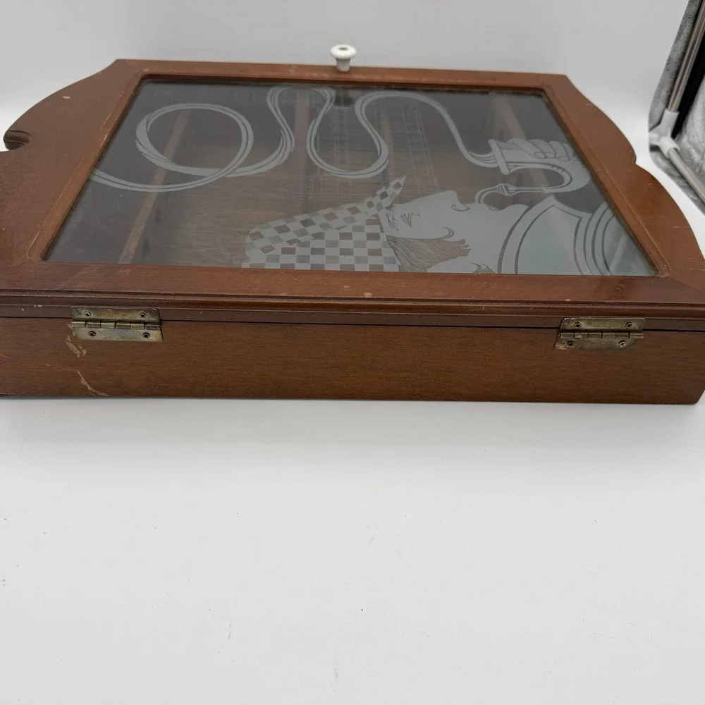 Vintage Sherlock Holmes Etched Glass Wood Tobacco Pipe Display Cabinet 12 Slot